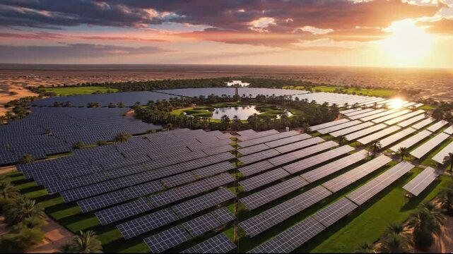 Granja solar al atardecer